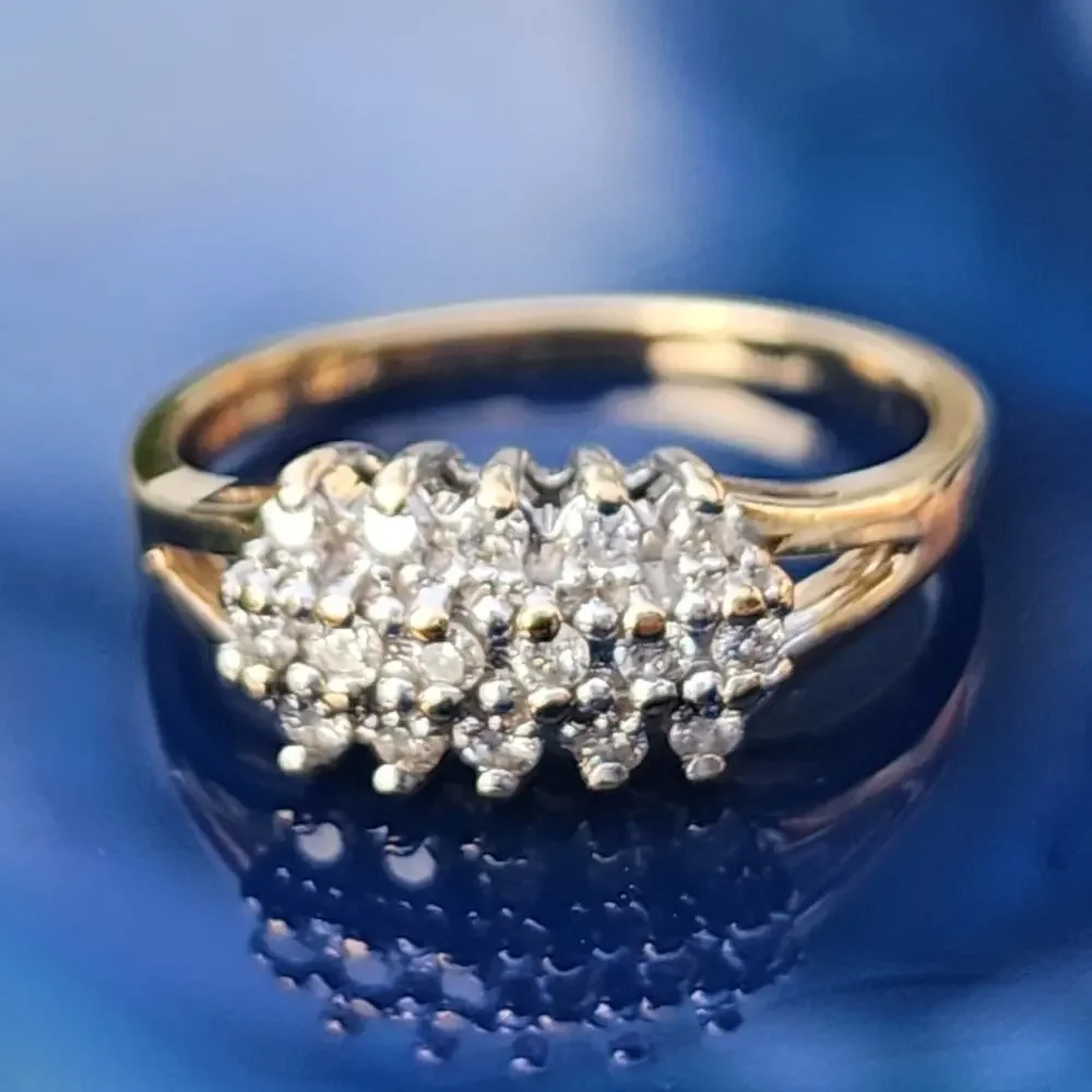 14K Fine Yellow Gold Diamond Cluster 3 Tier Open Work Accent Ring